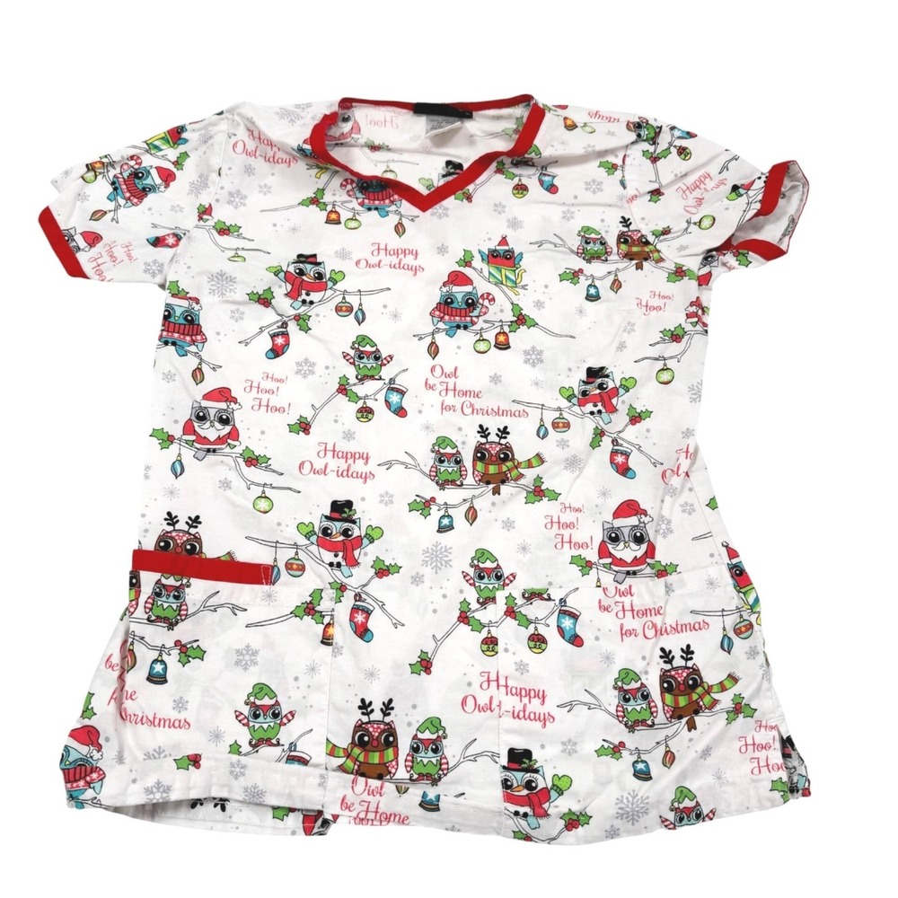 Cherokee Owl Be Home For Christmas Happy Owl-idays XS Scrub Top